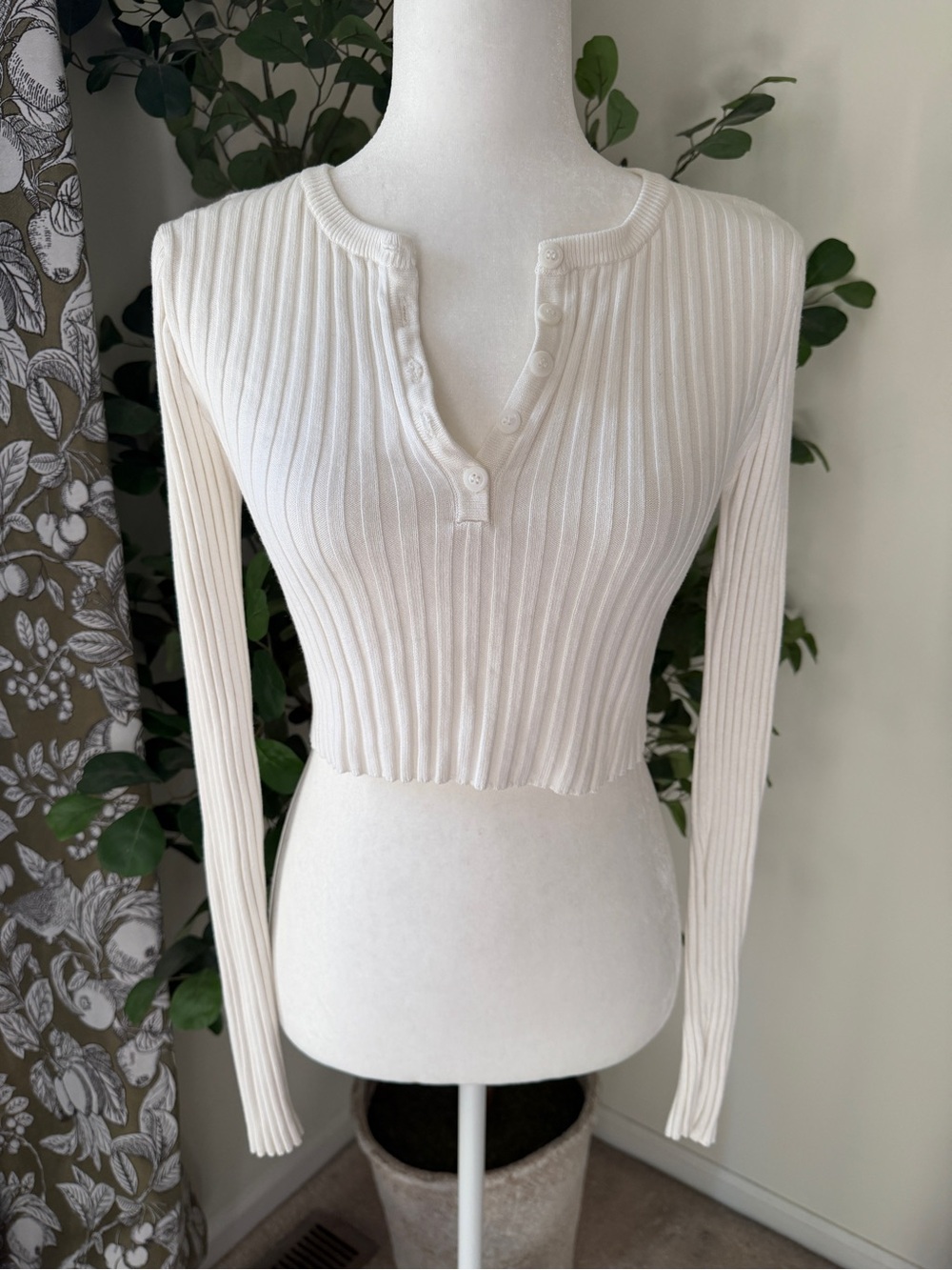 Urban Outfitters Cream Ribbed Henley Crop Top